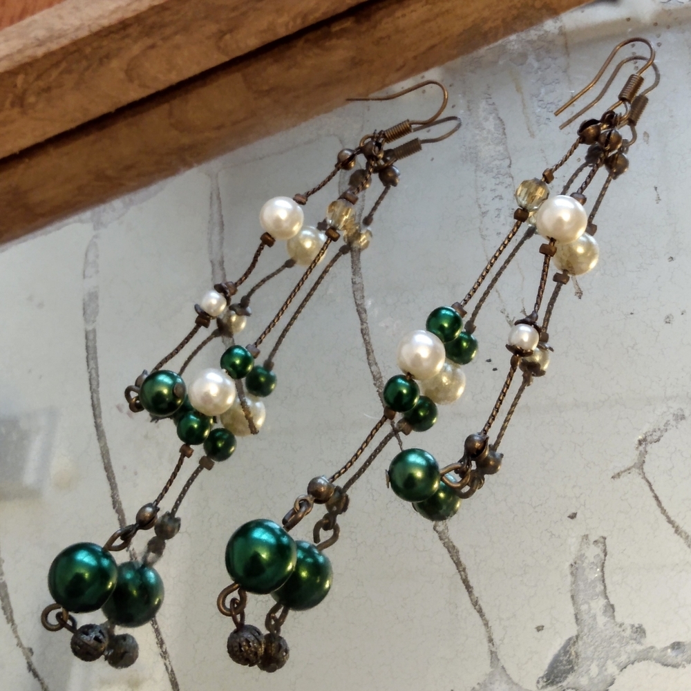 Green, Pearly Rustic Bronze Dangle Earrings
